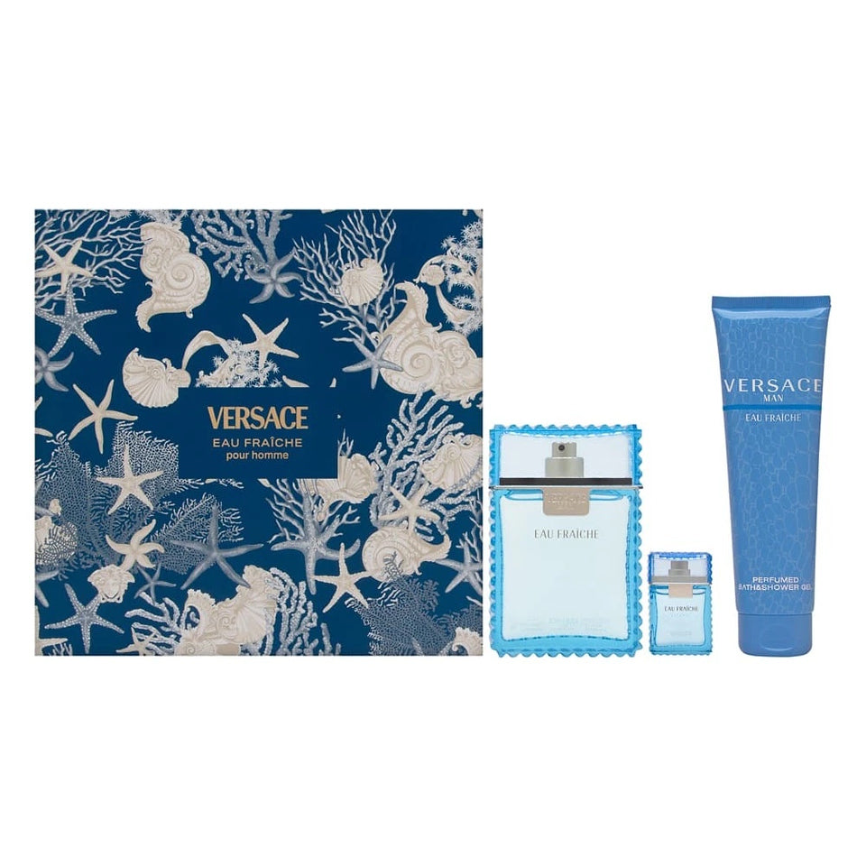 Versace Eau Fraiche 3PC EDT Gift Set - 3.4 oz EDT + 5 oz B/ L + 0.17 oz EDT Spray